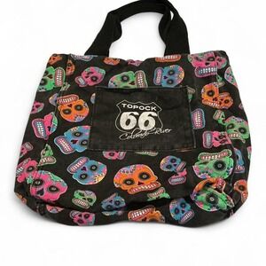 Colorful skull pattern and a patch pocket for "Topock 66 on the Colorado River"